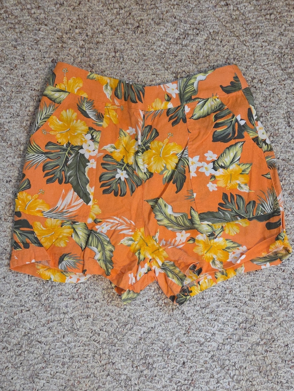 Miss Selfridge Orange Floral High-Waist Tropical Shorts